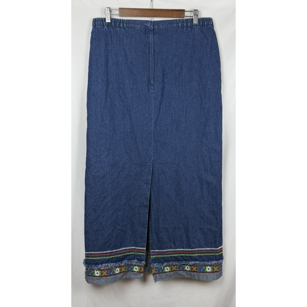On The‎ Verge Vintage Denim Maxi Skirt Embroidered Floral Boho Cottagecore M USA - Picture 2 of 10